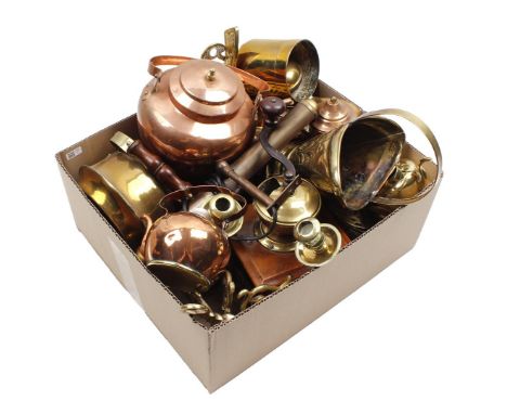 Box of various copper including teapots, coffee grinder and candlestick