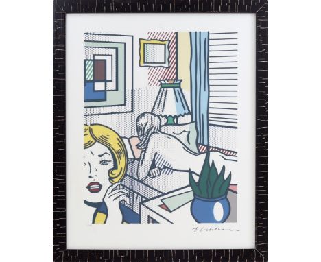Signed J Lichtenstein, interior with women, colour lithograph 11/199, outside size is 76x61 cm