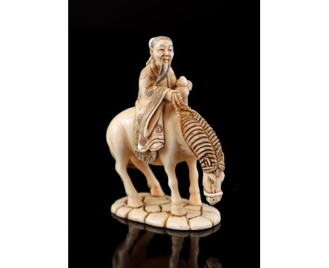 Ivory netsuke of philosopher on horseback, signed, with EU certificate 24NL326100/20, Japan Meiji period ca. 1900, 5x4 cm (sa