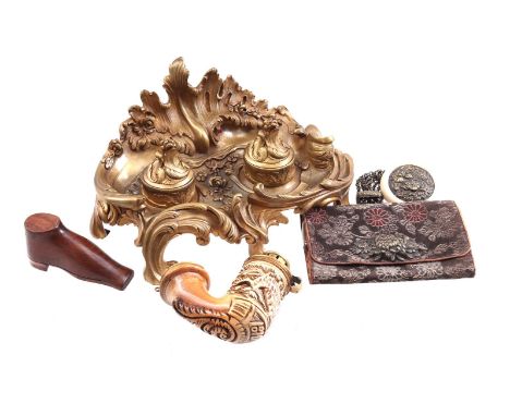 Bronze inkwell in Rococo style, 12 cm high, 24 cm wide (glass jars missing), antique purse with plastic button, meerschaum pi