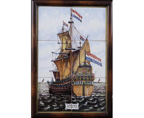 Earthenware tile tableau with polychrome representation of VII Provincien Adm. De Ruyter, probably from Tichelaar Makkum, in 