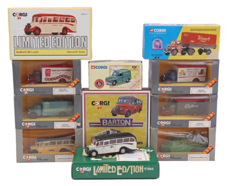 Collection of Corgi Toys diecast classic trucks and buses, including Bedford, AEC Regent and Morris. The models are in very g