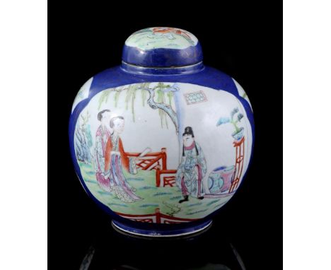 Porcelain Famille Rose ginger jar on a powder blue ground color with gold-colored pattern and 2 different scenes of 2 long li