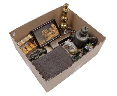 Box with oriental objects including brass candle holder, tea tile, pewter teapot, cloisonné lidded jar, bronze table, brass l