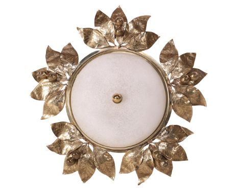 Bronze 3-light ceiling lamp with elegant leaf edge and frosted glass shade, 13 cm high, 53 cm diameter