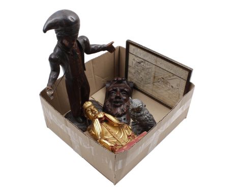 Various box with wooden statues, largest is 46 cm high, oriental wall decoration and an inkwell in the shape of an owl