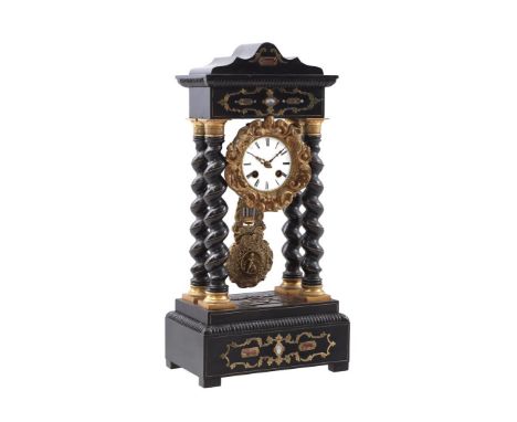Column mantel clock with twisted columns and copper inlay and beautifully decorated pendulum, ca. 1880, 49 cm high