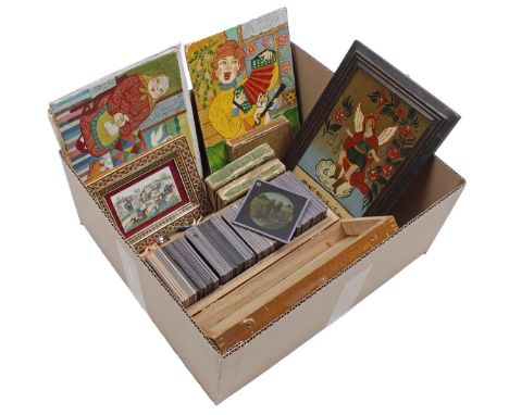 Box with paintings, children's books about Biblical History, ca. 1820, wooden box with glass magic lantern pictures, Arabic w