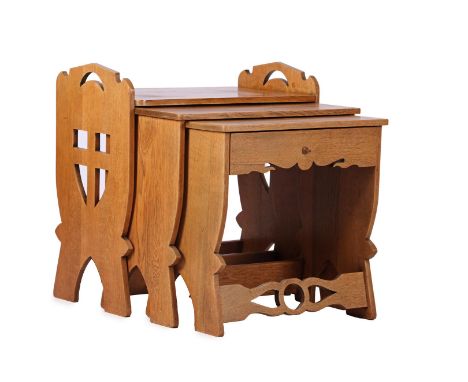 Oak 3-piece mimi set with openwork sides, control connection and drawer, Art Deco period ca. 1930, largest table 62 cm high, 