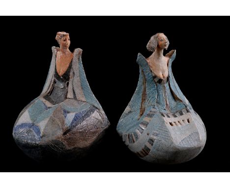 2 ceramic statues of ladies, signed, 18 cm high
