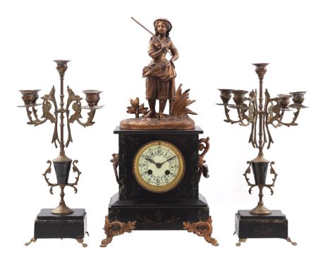 3-piece clock set with marble and bronze statue, mantel clock is 50 cm high (ornament on the left loose)