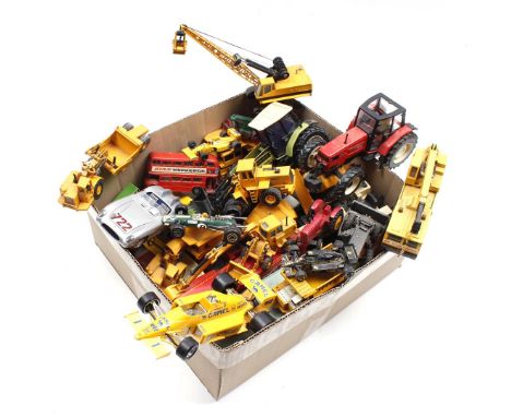 Box of scale model cars, including: excavators, tractors and trucks