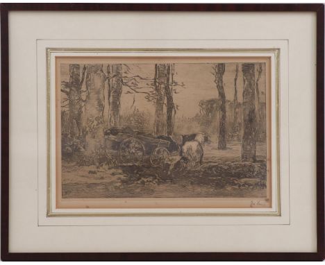 Willem Hendrikus Petrus Johannes de Zwart (1862-1931)Worker in forest with horse and cart, etching 18x25 cm