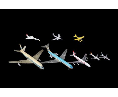 8 metal scale model airplanes including Tomiyama Japan Pan American (damaged), KLM PH-ILS and Boeing 747 335 793, largest 30 