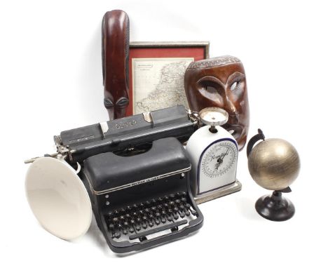 British Oliver typewriter, no. 21, 2 wooden masks, 33x21 cm and 48.5x9.5 cm, bronze table globe, 26 cm high, Krups Ideal porc