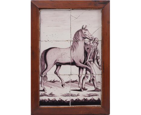 Manganese tile tableau with decor of rider and horse, in wooden frame, Holland 19th century, 45x31 cm (damaged)