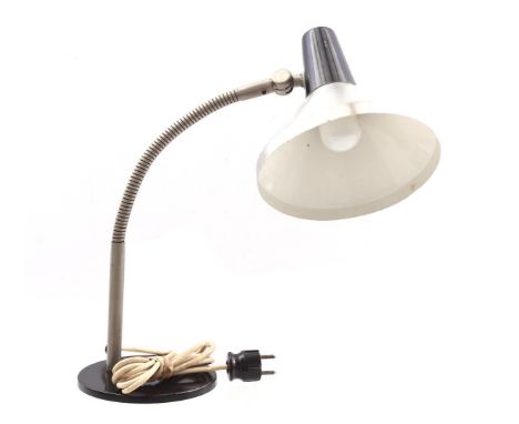 Metal flexible desk lamp with aluminum adjustable shade, executed by Hala number '758', shown in Hala catalog 1967 page. 9, N