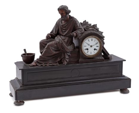 Marble and zamak mantel clock with man on top, 19th century, 56 cm wide (damage to finger and corner of marble)