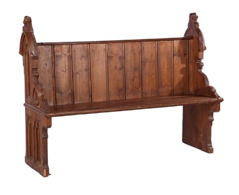 Pine pew with stitchwork, in Neo Gothic style, 107 cm high, 141 cm wide