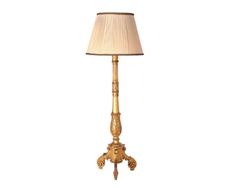 Classic gold-colored wooden 2-light floor lamp with upholstered shade, 182 cm high