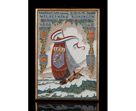 Porceleyne Fles cloisonné tile 50th anniversary of Queen Wilhelmina, 29.5x20.5 cm