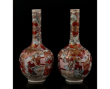 2 Satsuma earthenware pipe vases with polychrome decor, Japan ca. 1900, 31 cm high