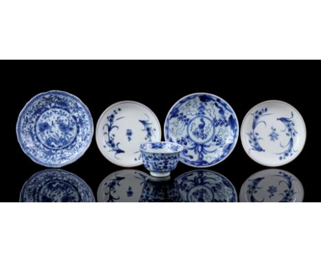 Porcelain cup and saucer with blue floral decor, China Yongzheng period ca. 1730, 2 porcelain saucers with blue floral decor,