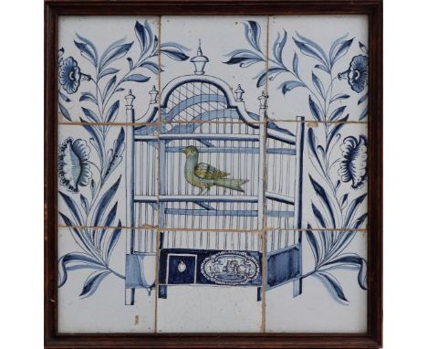 Tile tableau in oak frame with decor of a bird in a cage with flowers on either side, 42x41 cm
