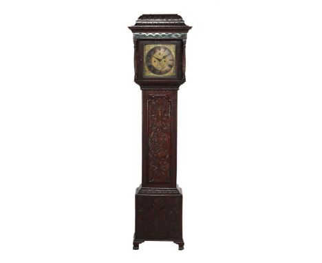 Longcase clock in a richly decorated oak case, movement with address Stringer Stockport, approx. 1790, 212 cm high (movement 