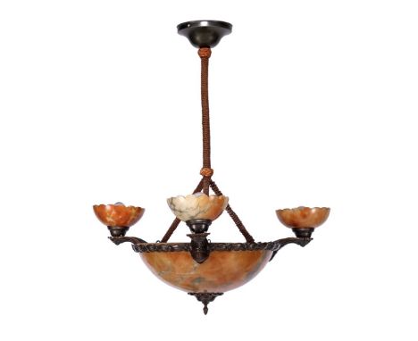 Alabaster 4-light hanging lamp, mounted in copper frame, Art Deco period ca. 1930, 82 cm high, 70 cm diameter