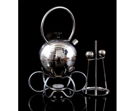 WMF Cromargan, stainless steel teapot on stove, 30 cm high and Alessi Officina, 2 stainless steel tea balls on stem, 18.5 cm 