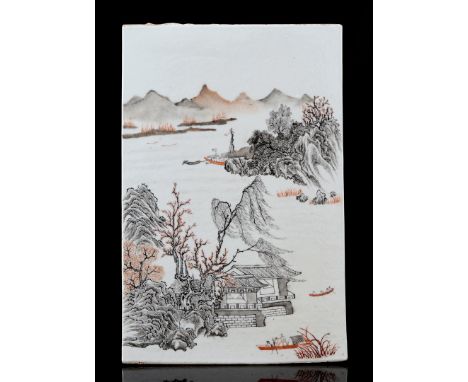 Porcelain tile with polychrome decor of a landscape, China, early 20th century, 40x26 cm