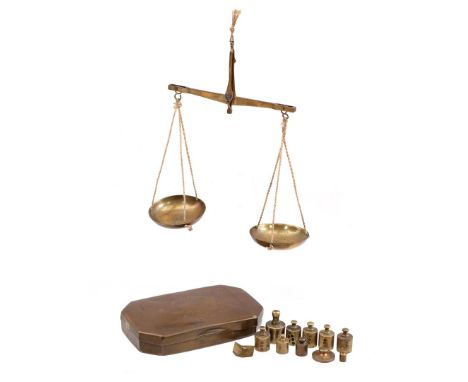 Copper box with engraving of a lion with crown and pattern containing gold scales and various weights with marks, 19th centur