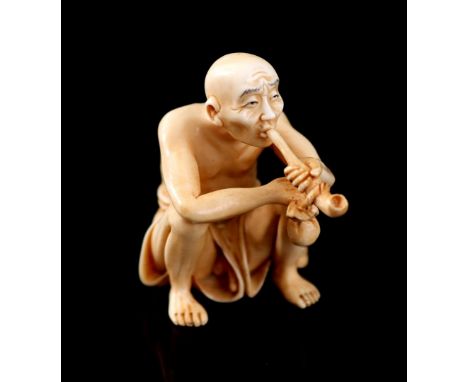 Ivory netsuke of man with pipe and visible erotic detail, signed, with EU certificate 24NL326103/20, Japan Meiji period ca. 1