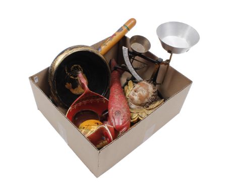 Box with wood carvings, letter scales, wooden painted boxes including orientals, etc