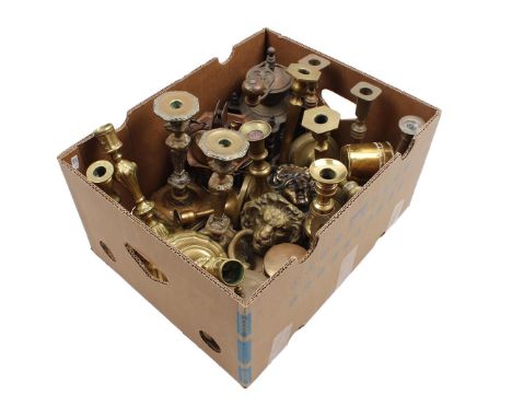 Box with various copper candlesticks, lap coffee grinder, door knockers, etc.