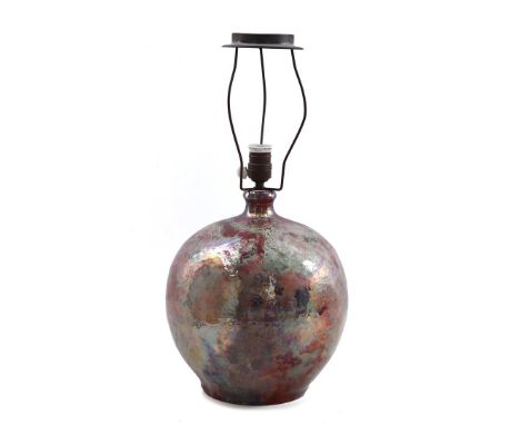 Anonymous, earthenware ball vase lamp base with luster glaze and upholstered shade, 57 cm high