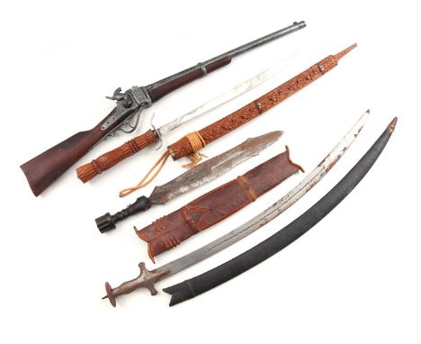 4x replica: carbine with walnut stock, African machete, Tulwar sword and Dha sword 90 cm long