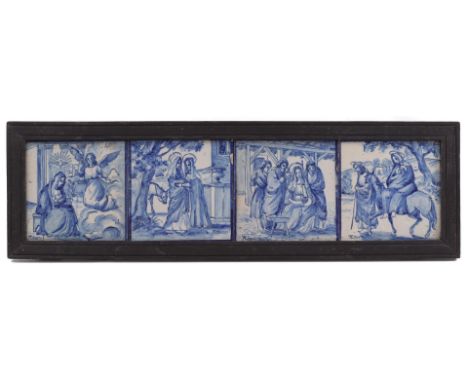 Tile tableau with decor of Biblical scenes, marked R. Santos, in blackened wooden frame, 19x63 cm