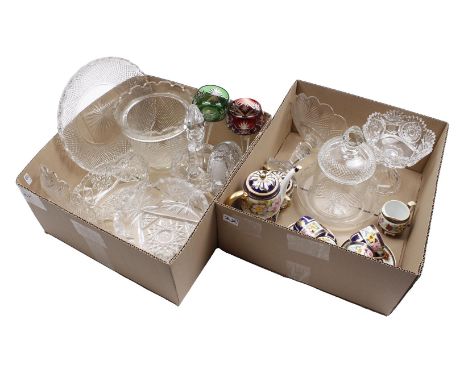 2 boxes with cut crystal fruit bowl, carafe, cookie jar on base, bowls, glasses and Japanese porcelain 5-person tea set