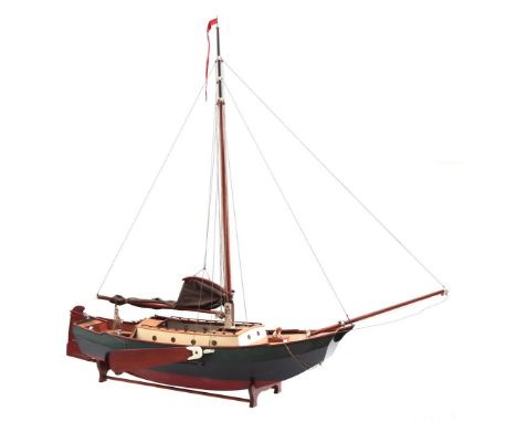 Wooden scale model sailing boat with interior, 107 cm high (various damage)