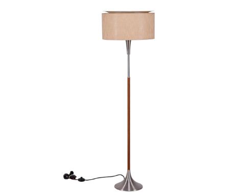 Metal and teak floor lamp with fabric shade, stickered Dijkstra Lamps, Holland years 50, 159 cm high, 46 cm diameter