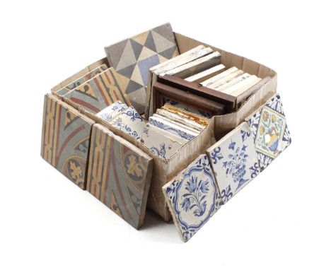Box with ceramic tiles for floor and wall, various decors, 18th and 19th century