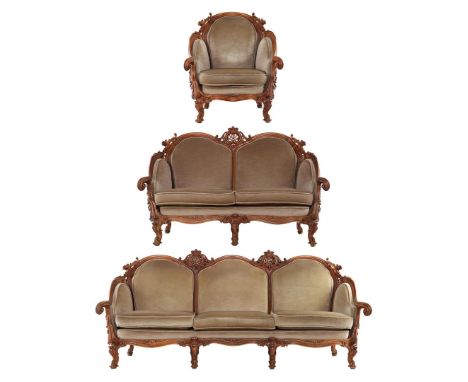 Richly decorated walnut sofa set consisting of armchair, 2-seater sofa and 3-seater sofa, brown upholstered, armchair 85 cm w