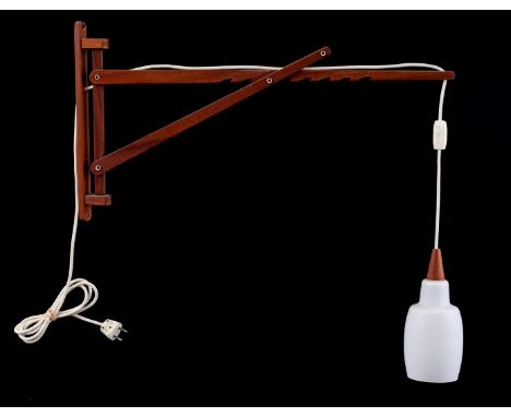Teak adjustable wall lamp with opaline shade, Netherlands/Scandinavia 1960s, max 72 cm wide