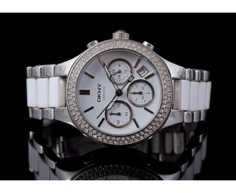 DKNY Ceramic ladies wristwatch in steel case with zirconia, quartz, case size 39 mm