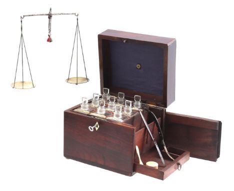 Mahogany box with scales and 9 bottles as a travel pharmacy, 18 cm high, 20 cm wide, 17 cm deep