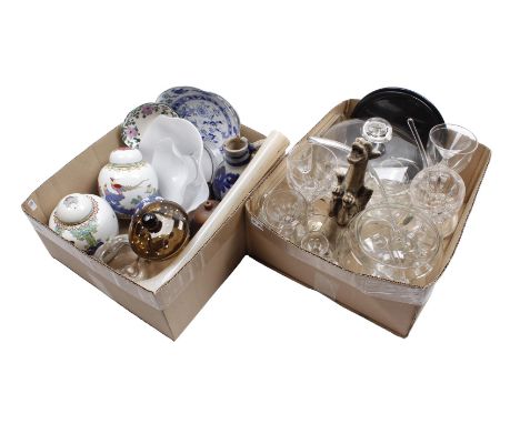 2 boxes with various glassware including Copier Leerdam, Orrefors, oriental porcelain and earthenware