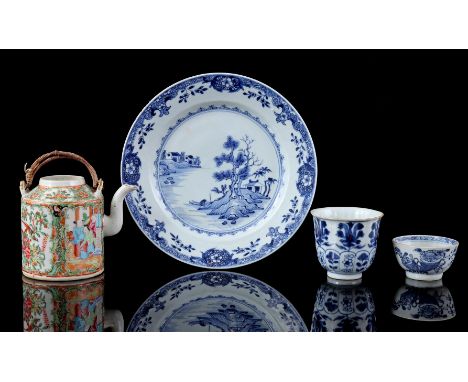 Porcelain Cantonese teapot with Famille Rose decoration, China 19th century, 12 cm high (lid missing), porcelain saucer with 