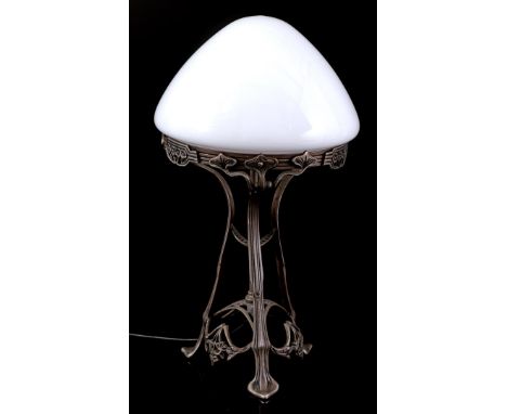 Pewter table lamp with opaline glass shade, in Art Nouveau style, 41 cm high, shade 22 cm diameter